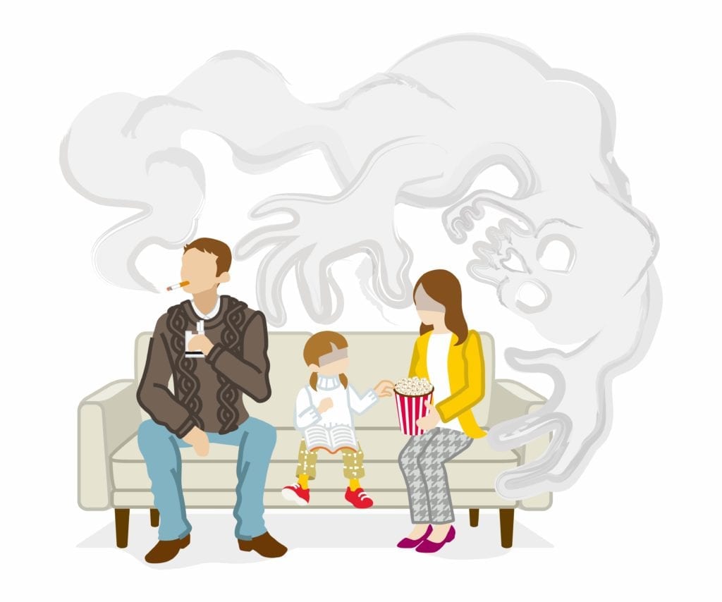 cartoon of girl sitting on the couch with her dad smoking and a skull cloud forming above them