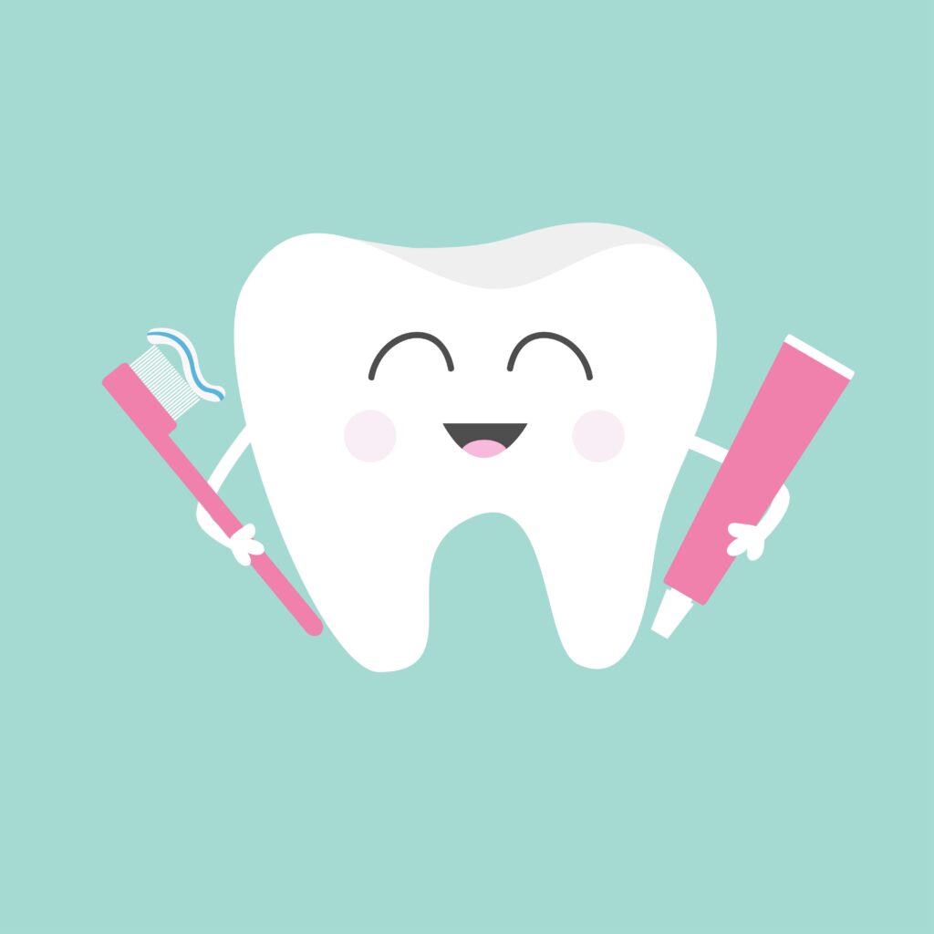 happy cartoon tooth holding toothpaste and toothbrush