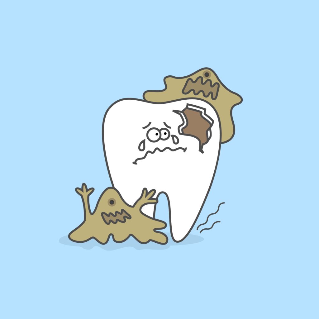 sad cartoon tooth being eaten by plaque